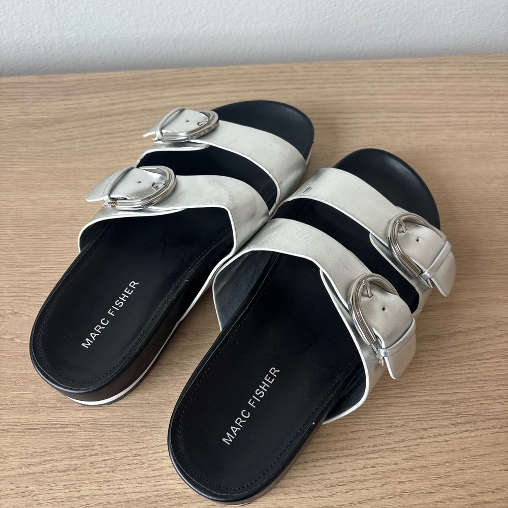 Marc Fisher Black and White Slide Sandals with Silver Buckles